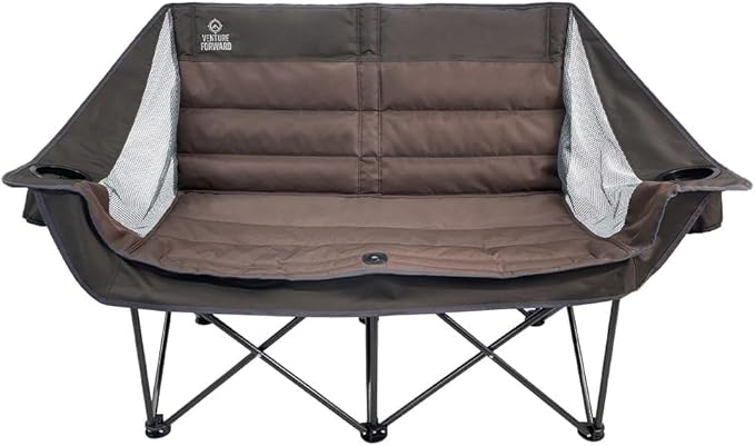 Doublewide Padded Sofa – Portable Outdoor Camping Sofa Chair for 2 High-Loft Cushioning Dual Cup &amp Wine Holders Mesh Storage Pocket &amp Carry Bag Durable 600D Fabric Steel Frame