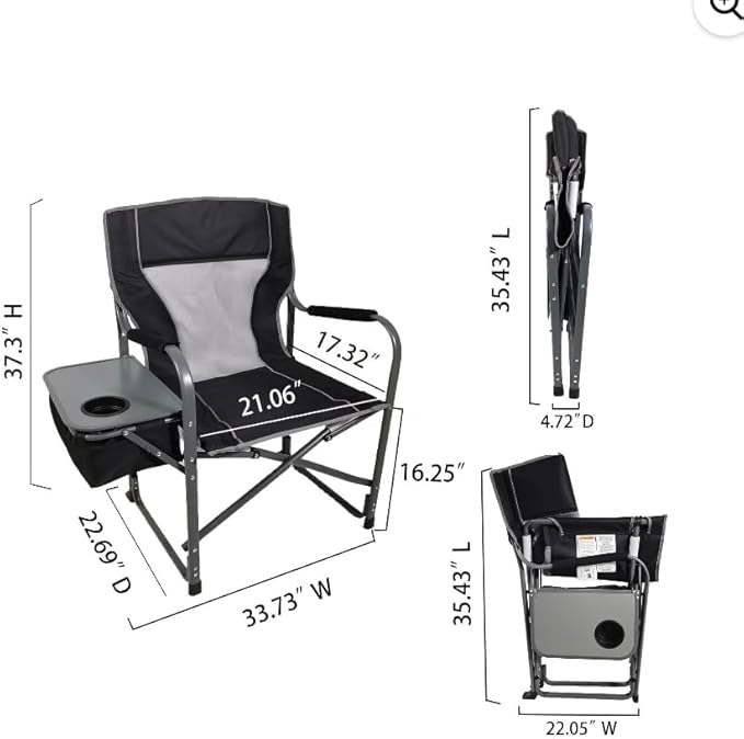 Folding Director's Chair with Side Table and Cooler Heavy-Duty Camping Chair 33.73W x 37.3H inches (Black Soot)