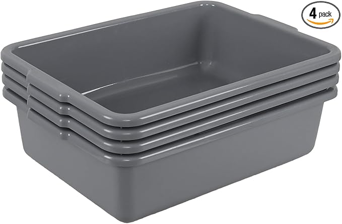 4-Pack 25 L Grey Bus Box Utility Bus Tub Plastic Commercial Dish Pan Set Grey