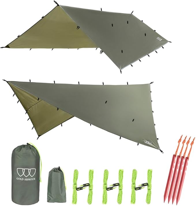 Gold Armour Rainfly Tarp Hammock Premium 20ft x 14.3ft Rain Fly Cover Waterproof Ultralight Camping Shelter Canopy Must Have Camping Essential Accessories (OD Green)