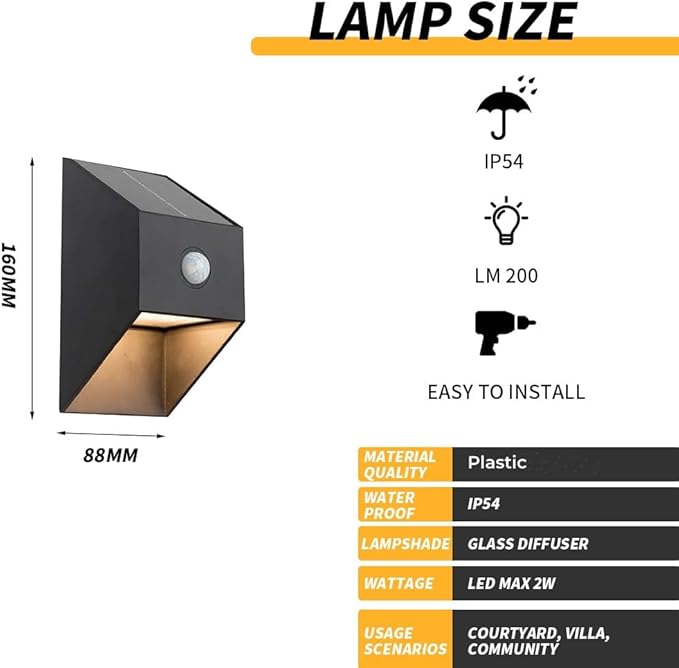 2 Pcs Solar Fence Lights - Outdoor Wall Lighting - Outside Garden Lamps - Stair Lamp - Warm White for Yard GardenWaterproof Black