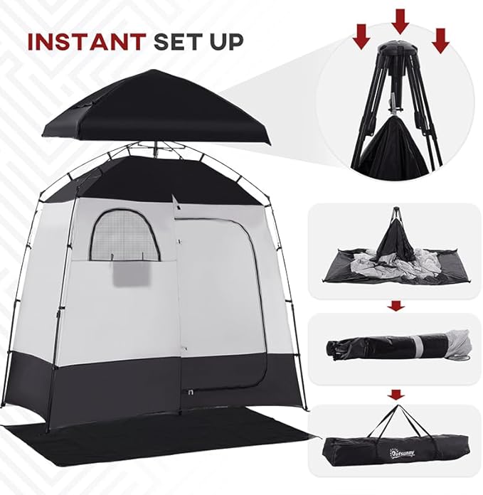 Outsunny Shower Tent Pop Up Privacy Shelter for Camping Dressing Changing Room Portable Instant Outdoor Shower Tent Enclosure w/ 2 Rooms Shower Bag Floor and Carrying Bag Black