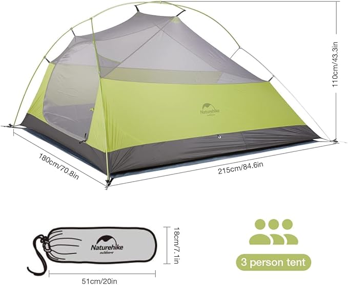 Naturehike Cloud Up 3 Person Backpacking Tent with Footprint - 3 Season Free Standing Lightweight 3 Person Camping Tent | with Footprint Free Standing Dome Camping Hiking Waterproof