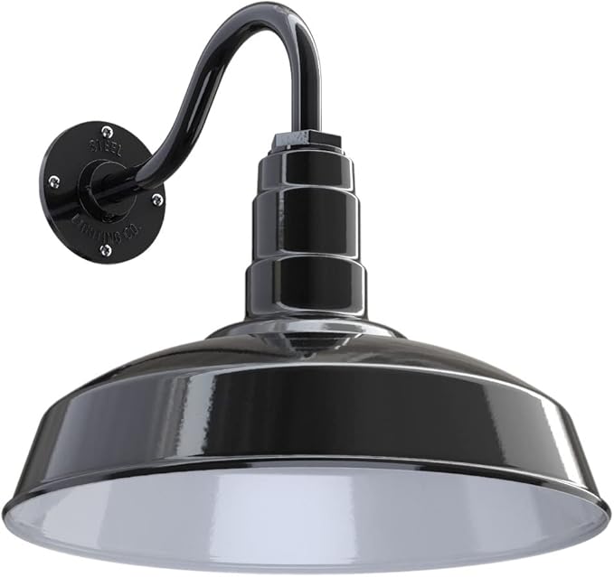 Steel Lighting Co. Gardena Barn Light | Outdoor Wall Mounted | 16 Dome | 11 Gooseneck | Farmhouse Light Made in America | Black Exterior/White Interior