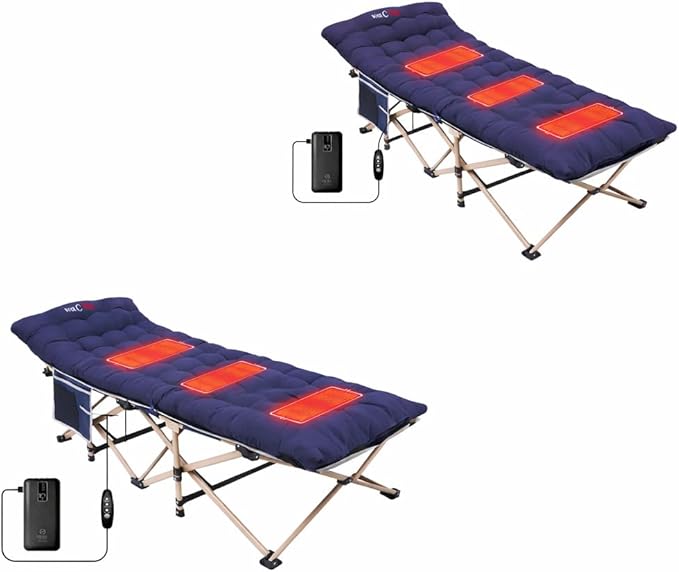 Nice C Heated Cot with Cushion Heated Camping Cots Folding Cots with Mattress for Adults with Pillow Carry Bag &amp Storage Pocket Extra Wide Sturdy Holds Up to 500 Lbs (2 Heated Mattress Navy