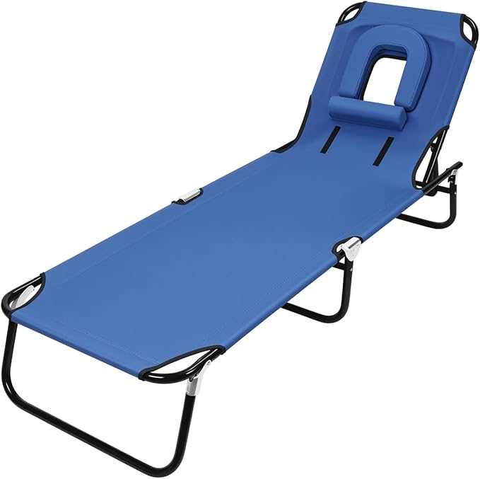 Adult Foldable Camping Cot with Reclining Folding Chaise Design Heavy Duty Lounger Chair for Indoor Outdoor Use Adjustable Height Bed with Face Hole &amp Detachable Pillow Blue