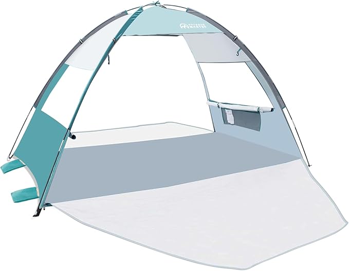 OutdoorMaster Beach Tent Sun Shelter with 2 Ventilated Doors UPF50+ Easy Setup Beach Tent Canopy for 3 Person Lightweight &amp Portable Family Beach Umbrellas for Sand with Carrying Bag-Cancun Seas