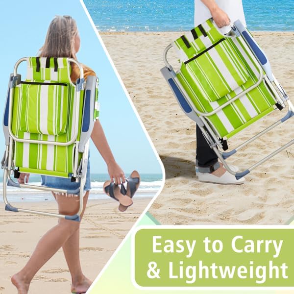 Folding Backpack Beach Chair 4 Position Portable Camping Chair with Headrest Cup Holder and Wooden Armrests (Green Stripes 1 Pack)