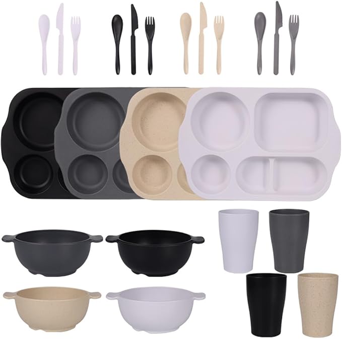 24 Pcs Wheat Straw Dinnerware Cutlery SetsUnbreakable Divided Plates Bowls Cups Spoon Knife Fork for 4 PeopleMicrowave Dishwasher Safe Tableware Cutlery for Party and Daily UseMix Color 1