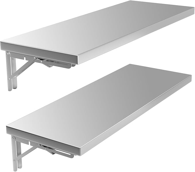 Folding Wall Shelf 23.6 x 12 Stainless Steel Wall Mounted Folding Table 110lb Capacity Floating Concession Shelf for Food Trucks Trailer Windows Kitchen Garage Utility Room 2 Pack