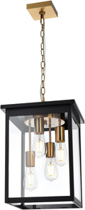 4-Light Outdoor Pendant Light Black and Brass Hanging Lantern with Clear Glass Height Adjustable Exterior Porch Light Fixture for Patio &amp Entryway E26 Base Damp Rated