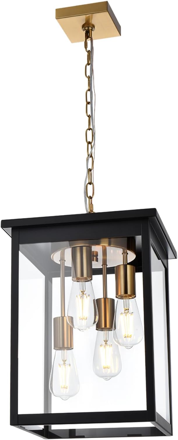 4-Light Outdoor Pendant Light Black and Brass Hanging Lantern with Clear Glass Height Adjustable Exterior Porch Light Fixture for Patio &amp Entryway E26 Base Damp Rated
