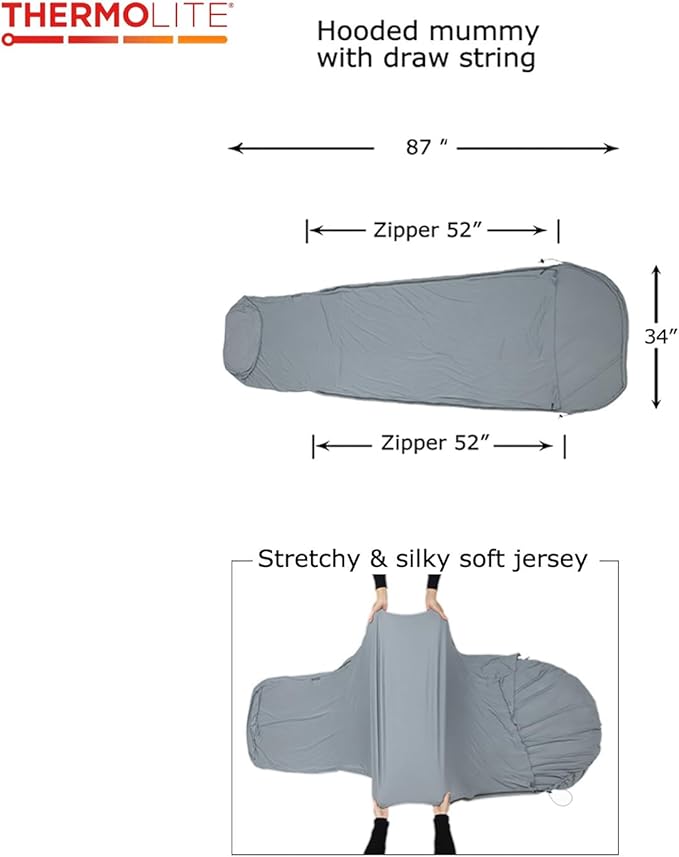 BROWINT Thermolite Sleeping Bag Liner with Zippers for Cold Weather Lightweight Mummy with Hood &amp Rectangular Sleep Sack for Adult Adds Warmth Thermal Travel Liner All Season