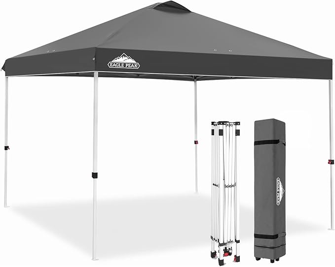 EAGLE PEAK Pop Up Canopy Tent with Wheeled Carry Bag 8 Stakes 4 Ropes 4 Weight Bags Easy Set Up Tent Canopy 10x10 ft 100sqft of Shade Gray