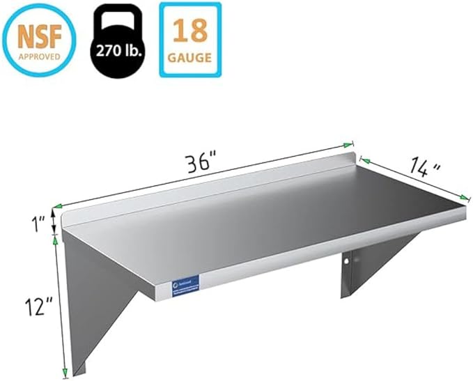 Stainless Steel Wall Shelf | Square Edge | Metal Shelving | Heavy Duty | Commercial Grade | Wall Mount | NSF Certified (14” Width x 36” Length)