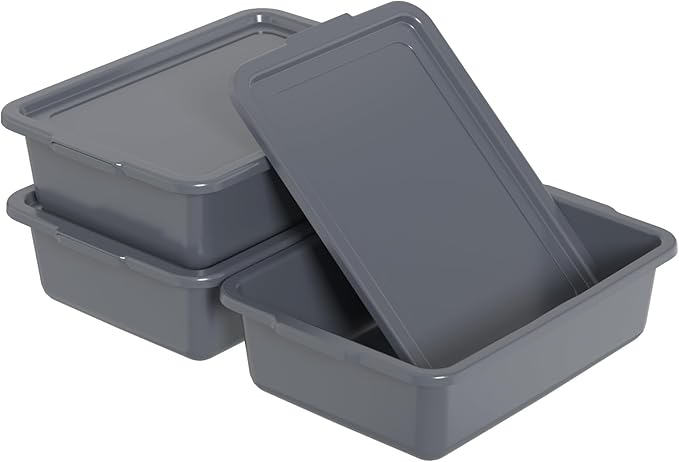 13 L Plastic Commercial Bus Box with Lid 3-Pack Restaurant Bus Bins Grey