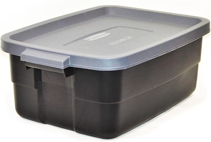 Rubbermaid 6-Pack Totes for Storage with Lids Heavy Duty Plastic Storage Bins with Lids Black Gray 10 GAL - Stackable for Garage Attic Camping (10 GAL - 6 Pack Solid Black and Grey)