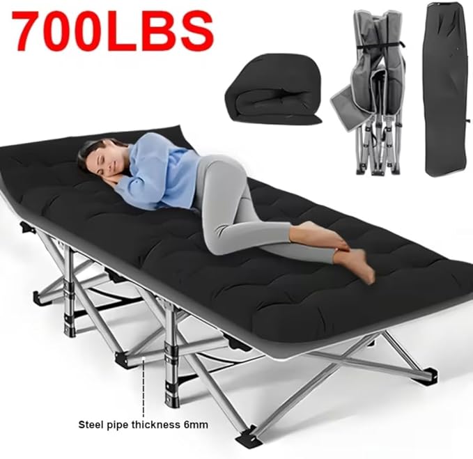 700LBS Extra-Large Folding Outdoor Camping Bed with Mattress Portable Folding Guest Bed Heavy-Duty Sleeping bedwith Storage Bag Suitable for Travel and Leisure (Black 700lbs)