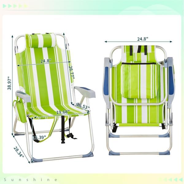 Folding Backpack Beach Chair 4 Position Portable Camping Chair with Headrest Cup Holder and Wooden Armrests (Green Stripes 1 Pack)