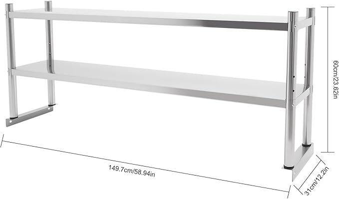 Double Overshelf of Stainless Steel 12'' x 60'' Weight Capacity 176lb Adjustable 2 Tier Shelf for Prep &amp Work Table in Home and Kitche