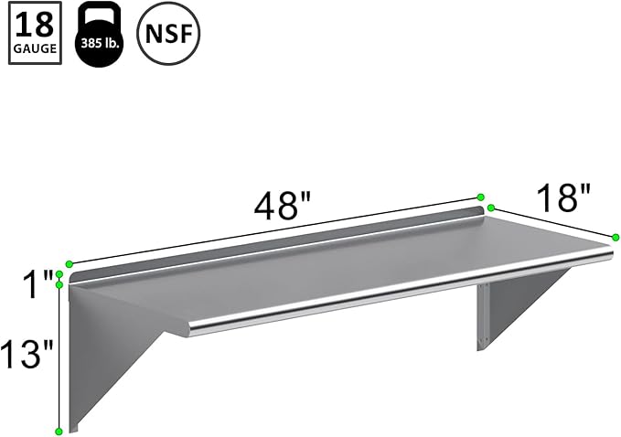 NSF Certified 18 Gauge Heavy Duty Stainless Steel Wall Shelf with Brackets for Kitchens Utility Rooms Storage Offices &amp Home (48 x 18)