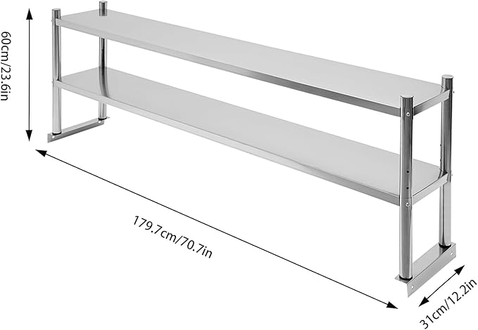 Stainless Steel Double Tier Overshelf 12 * 71in Commercial Heavy Duty Shelving Height Adjustable Shelf Storage for Prep &amp Work Table in Restaurant Home and Kitchen (12 * 71in)