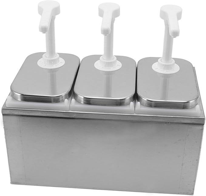 Condiment Pump Station Sauce Dispenser Stainless Steel and Plastic Syrup Pump Dispenser with 30ml Squeeze Capacity Kitchen Sauce Pump for Ketchup Mustard Honey Milk Chocolate Oil (2L Triple Pump)