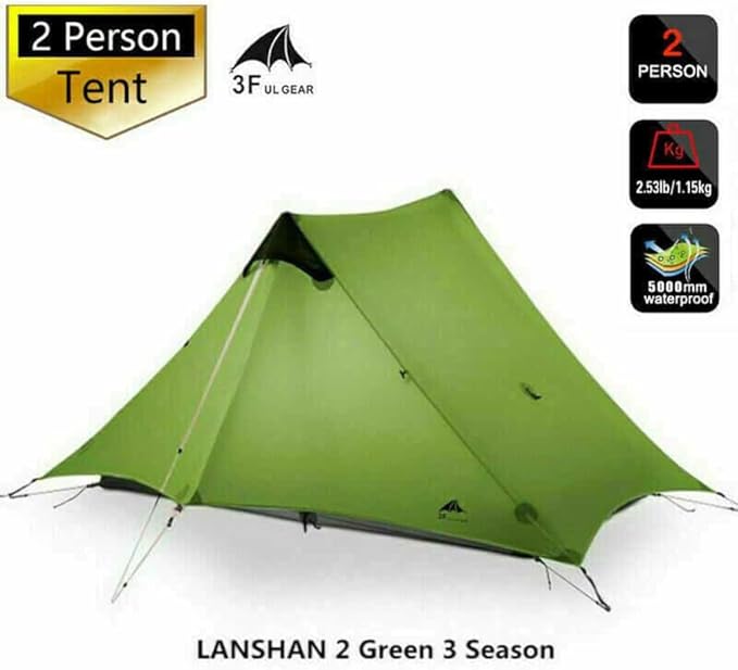 3F UL GEAR Lanshan 2 Person Tent Hiking Ultralight Camping Tent Professional 15D Silnylon Rodless Trekking Pole Tent Waterproof Backpacking Outdoor for Camping Bivvy