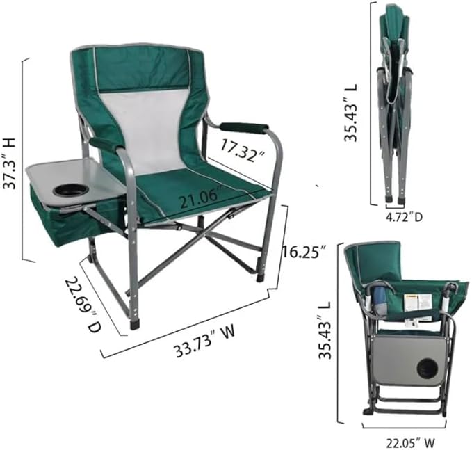 Folding Director's Chair with Side Table and Cooler Heavy-Duty Camping Chair 33.73W x 37.3H inches (Green Smoke)