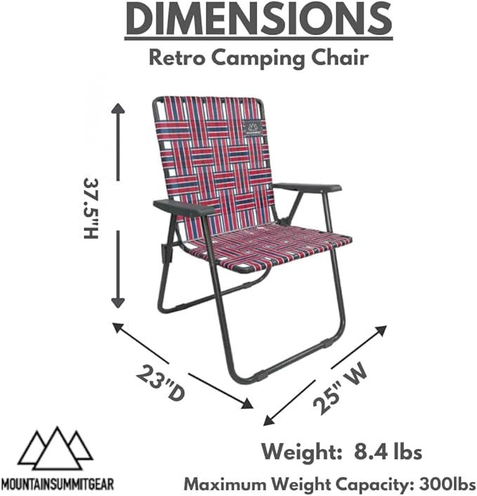 MOUNTAIN SUMMIT GEAR Retro Webbed Camping Chair - Lightweight Foldable Durable Steel Frame 300lb Capacity Vintage Red/White/Blue Stripes by Caddis Sports