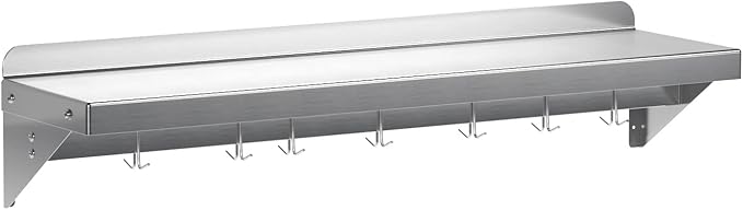 12 x 48 NSF Certified Stainless Steel Wall Mount Shelf - Multifunctional Metal Storage Rack with Backsplash and 7 Hooks