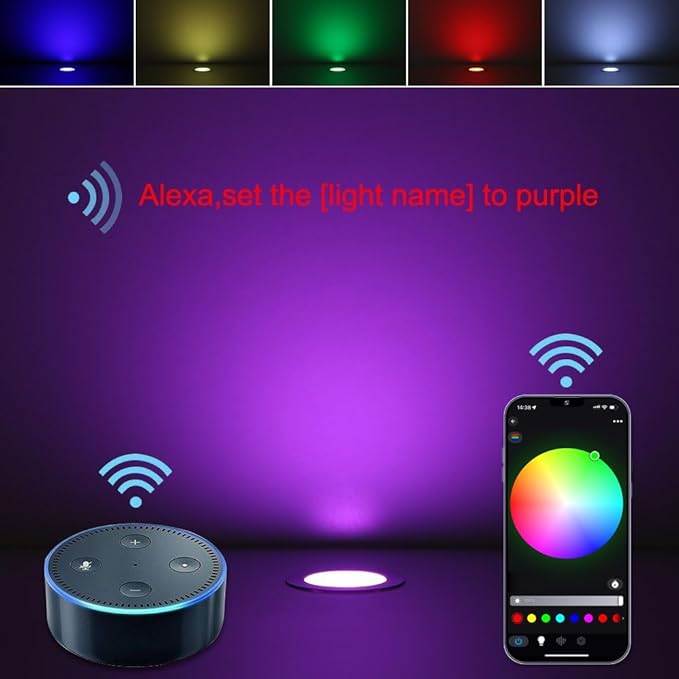Sumaote LED Deck Lights Kit 20pcs Φ1.22 WiFi Wireless Smart Phone Control Low Voltage Recessed RGB Deck Stair Lights Waterproof Outdoor Step Yard Path Landscape Decor