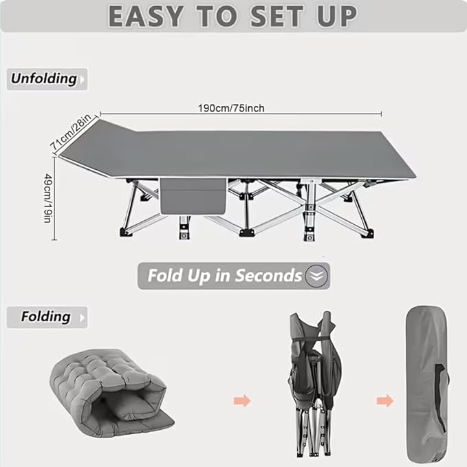 Comfortable and Soft Folding Bed Portable Camping cot with Side Pockets and Mattress Extra-Thick Oversized Folding Bed Weight Capacity of 500/600/700 lbs (Grey 600lbs)