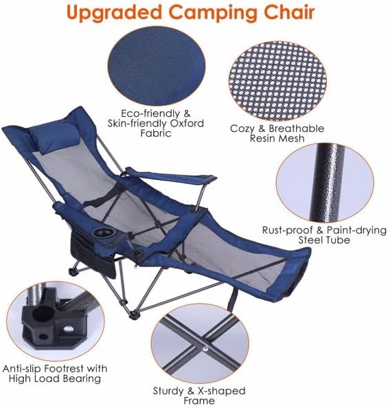 Foldable Camping Chair 330LBS Load Heavy Duty Steel Lawn Chair Collapsible Chair with Reclining Backrest Angle Cup Holder Pillow Side Pocket Carry Bag