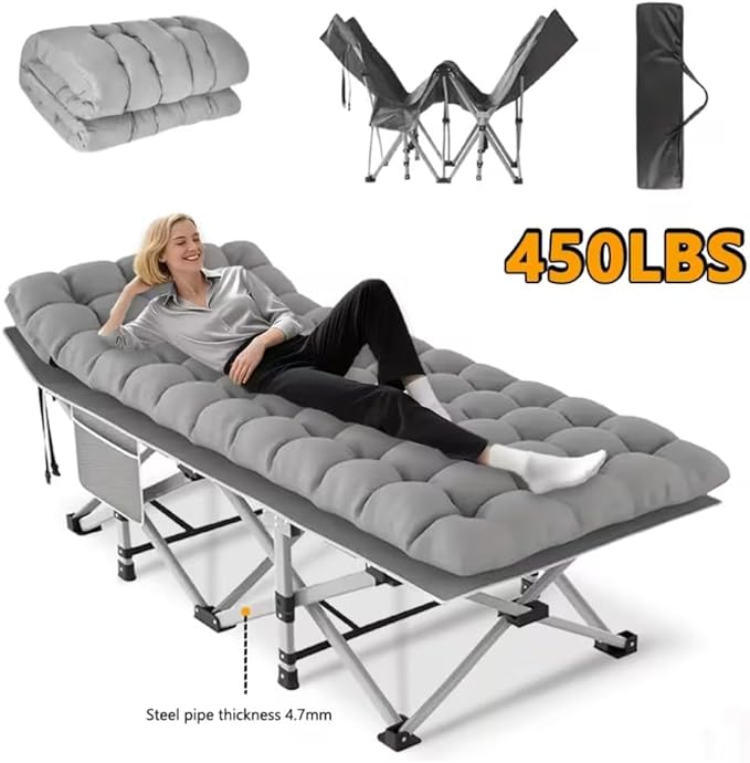 1200D Oxford Canvas Folding Camping Bed Adult Soft Foam Mat and Carrying Bag - Double Deck PortableOutdoor Folding Chair with MattressCamping Equipment (Grey-Thin 450)