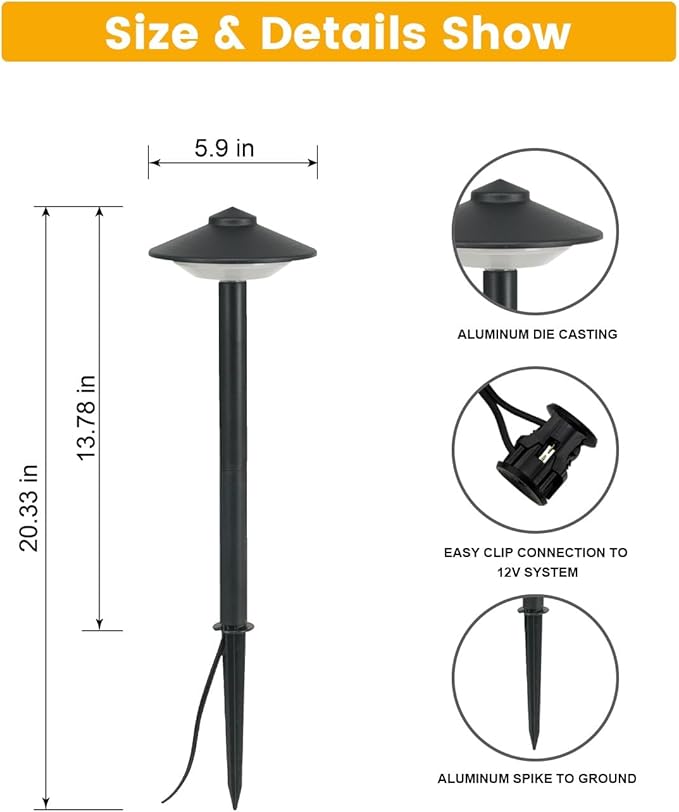 Low Voltage Pathway Lights 6 Pack - 2.7W LED Landscape Lighting Die-Cast Aluminum Outdoor Path Lights with Patent Connector 5.9x5.9x13.7inch Wet Location Safe