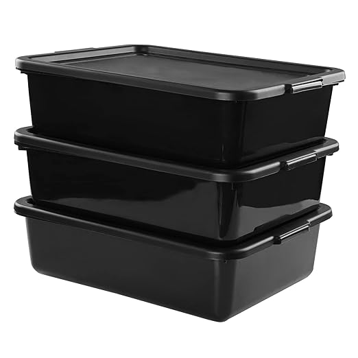Idomy 3-Pack 13 L Black Commercial Bus Tub Plastic Bus Box with Lids