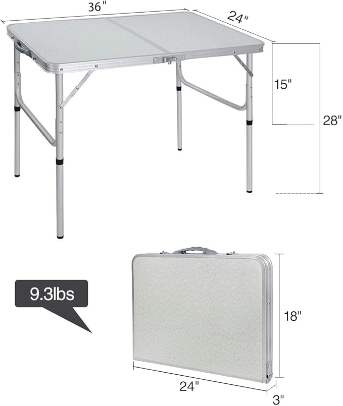 REDCAMP Aluminum Camping Table 3 Foot Portable Folding Table Adjustable Height Lightweight for Picnic Beach Outdoor Indoor White 36 x 24 inch