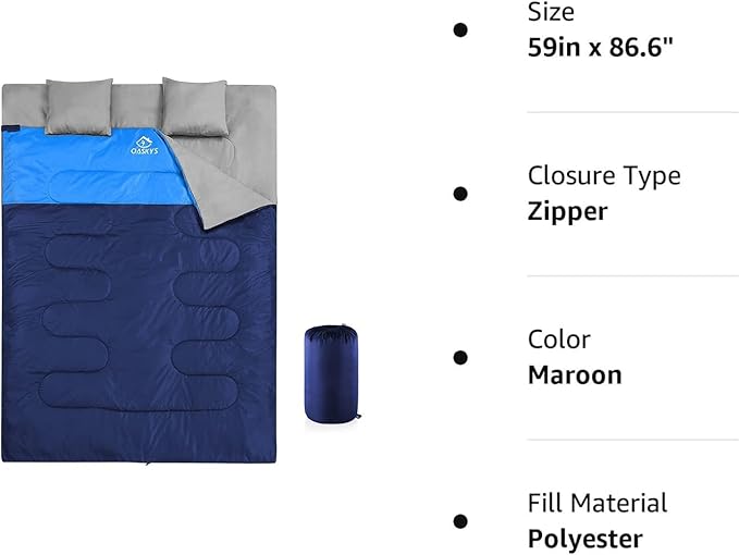 oaskys Double Sleeping Bag for Adults with 2 Pillows - Queen Size XL Waterproof Sleeping Bag for All Season Camping Hiking Backpacking 2 Person Sleeping Bags for Cold Weather &amp Warm
