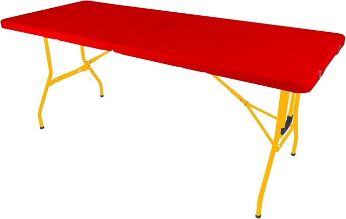 6Ft Rolling Folding Table with Built-in Wheels Durable Plastic Team Colors Easy to Carry Perfect for Camping Picnic Tailgating Party Indoor/Outdoor Use (Single Table Yellow &amp Red)