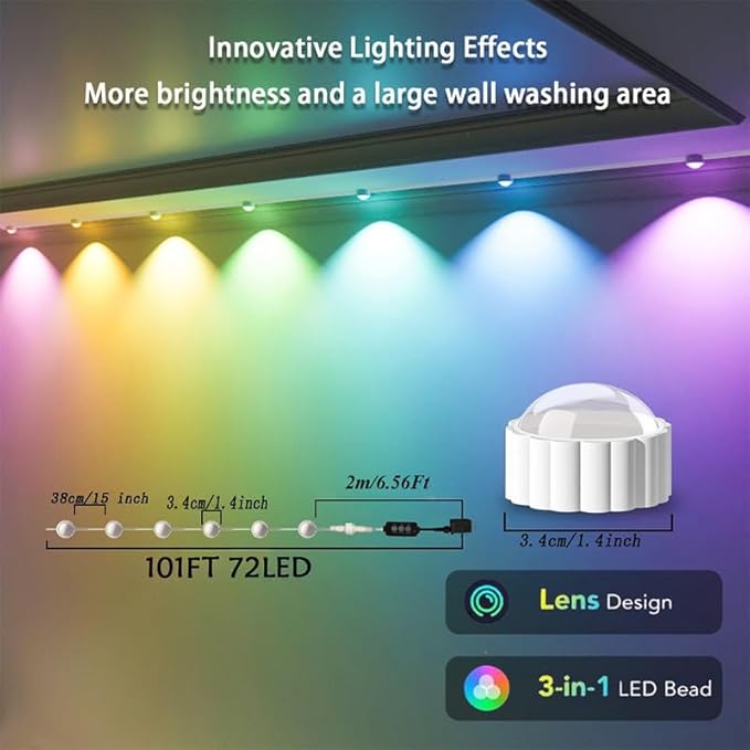 Permanent Outdoor LightsSmart RGB Outdoor Lights with Remote APP Control 100 Ft with 72 LED IP67 Waterproof Outside Light for House for Holiday Party Dailyy(unconnectable)