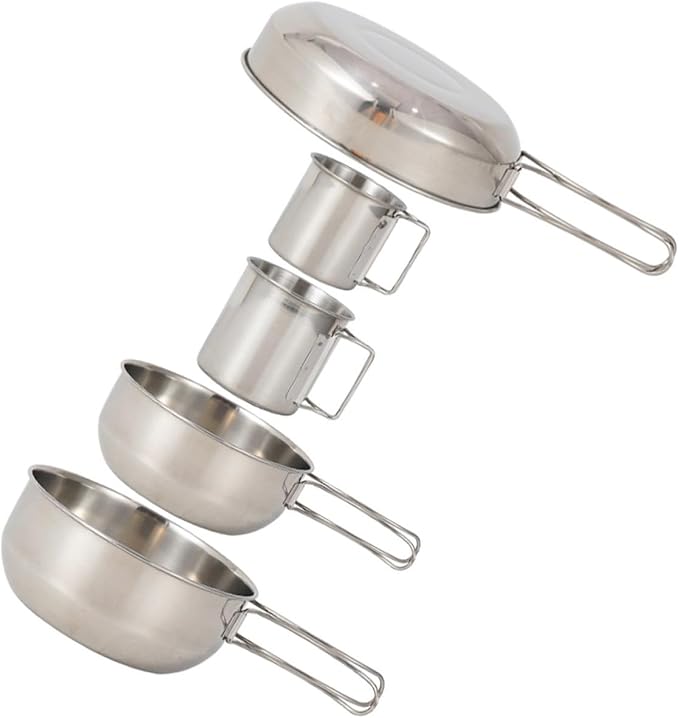 DECHOUS 5pcs Stainless Steel Camping Pot and Cup Set with Lids Outdoor Picnic Fishing Tableware for Hiking and Barbecue