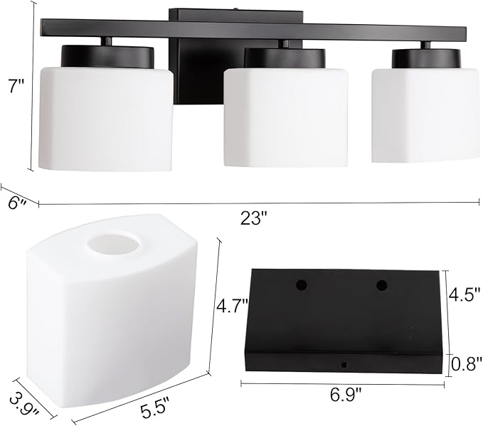 3-Light Bathroom Vanity Light Fixture Over Mirror Modern Matte Black Vanity Lights with Milky Glass Shade 23 inches Vanity Lighting Fixtures for Bathroom Lighting