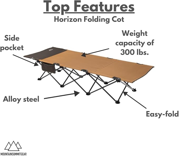 MOUNTAIN SUMMIT GEAR Horizon Cot Foldable Camping Cot for Children &amp Adults Durable Sleeping Pad with Steel Frame That Holds 300 lbs Folding Bed Includes Side Storage (by Caddis Sports)