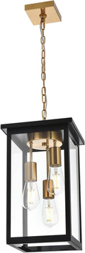 3-Lights Black and Brass Outdoor Pendant Light Exterior Hanging Lantern with Clear Glass Height Adjustable Hanging Light Fixture for Porch Patio Damp Locations E26 Base