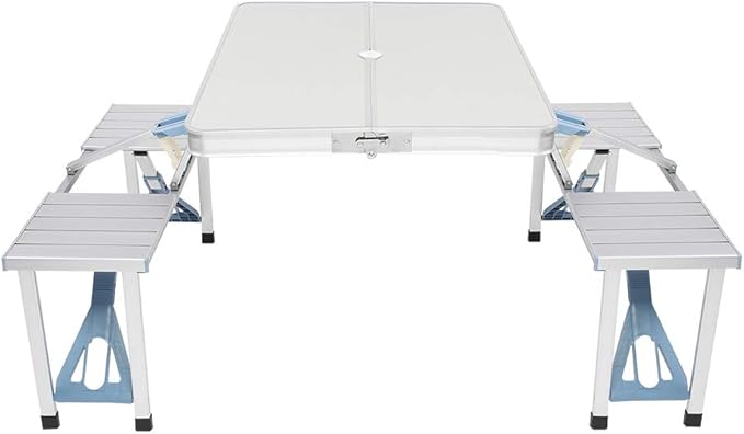 Vasitelan Folding Camping Picnic Table with Seats/Umbrella Hole Lightweight and Fold Up Card Suitcase Table Aluminum Alloy Frame RV Tabletop with Soft Handle (Style 1)