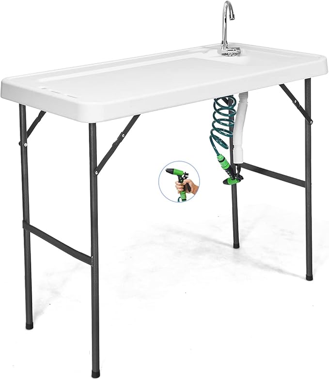 GYMAX Fish Cleaning Table with Sink Folding Fish Cleaning Station with Adjustable Spray Cleaner Foldable &amp Rotatable Faucet Portable Fillet Table for Outdoor Camping Fishing Picnic
