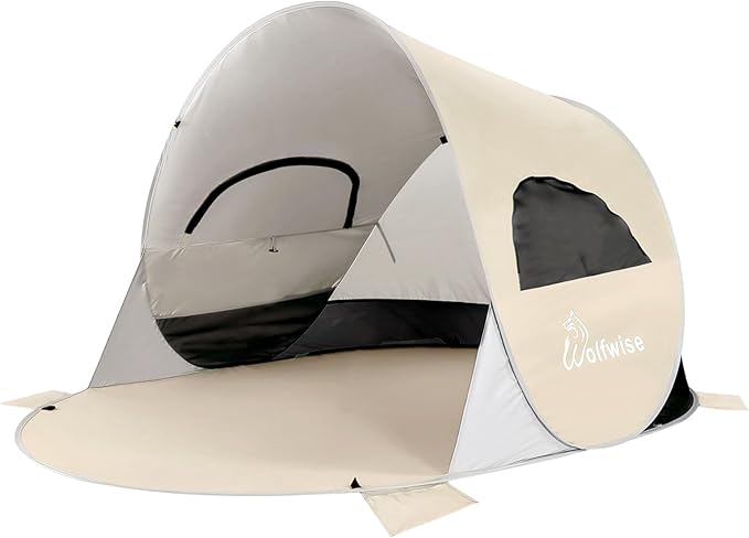 Wolfwise Pop up Beach Tent Sun Shelter with UPF50+ UV Protection Instant Easy Setup Popup Beach Shade Canopy for 3 Person Portable &amp Foldable with Carring Bag 87 ×57×47 in Beige