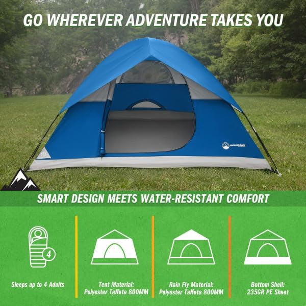 4 Person Camping Tent with Rainfly and Carrying Bag - Easy Pop Up Family Tents for Camping Essentials Beach Hiking Backpacking Mountaineering and Camp Travel