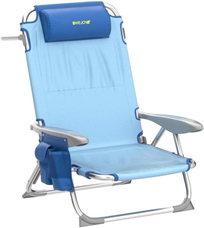 #WEJOY Folding Beach Chair for Adults 4-Position Lightweight Beach Chair Low Beach Chairs with Shoulder Strap Cup Holder and Headrest Supports 265lbs for Beach Lawn (Blue 2Pack)